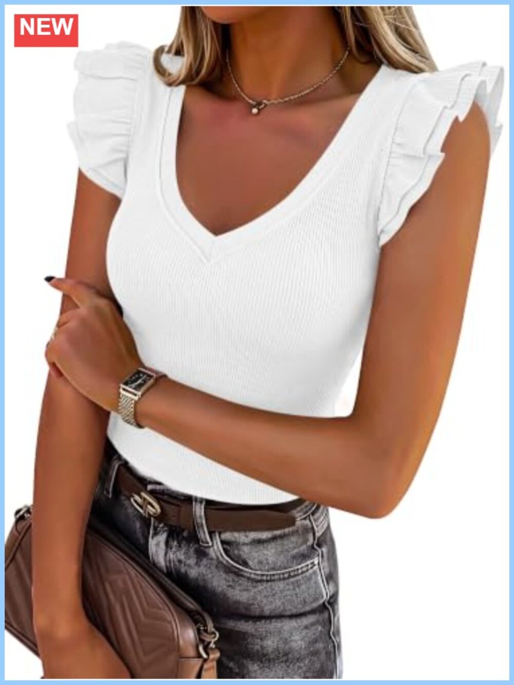 V Neck Ruffle Sleeve Ribbed Fitted Tank Top Women's Sleeveless Blouse